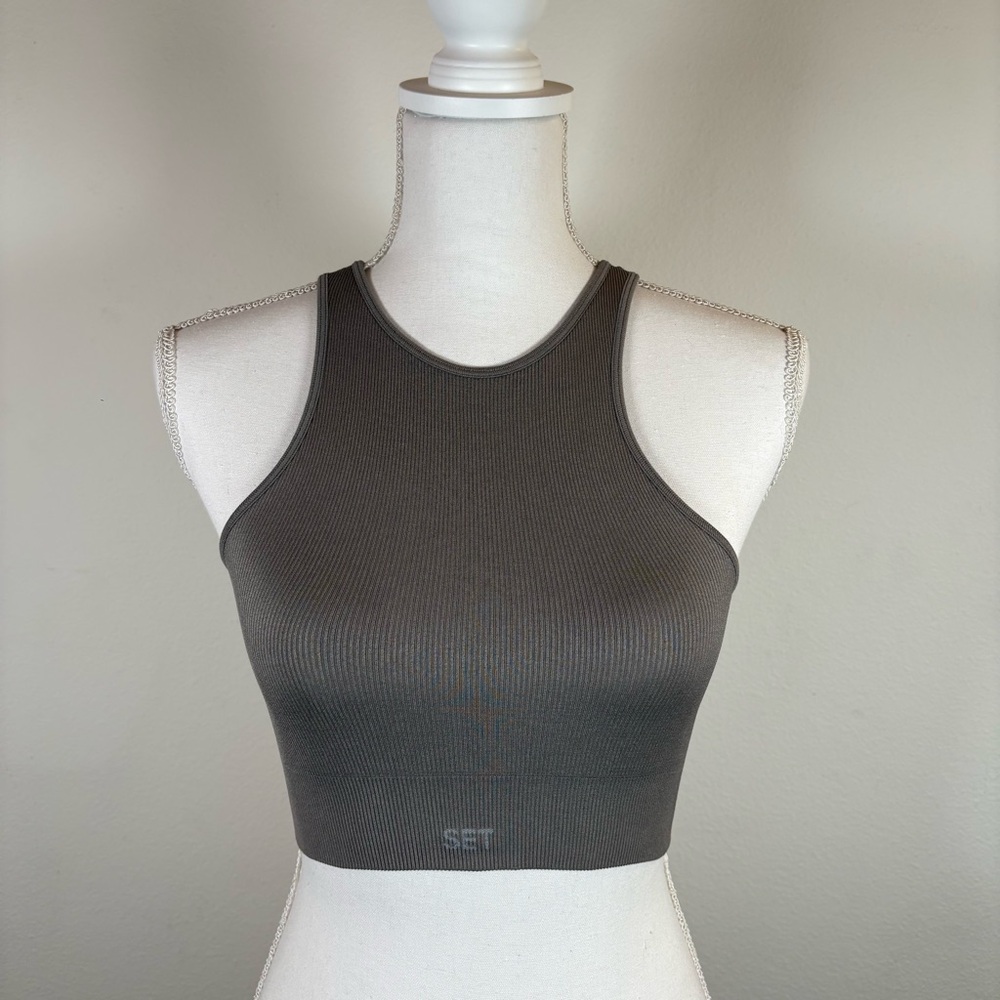 Set Active ribbed high neck cropped tank charcoal grey xs/s